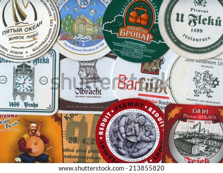 MOSCOW, RUSSIA - AUGUST 29, 2014: Beermats (bierdeckel) background. Various beer restaurants and pubs