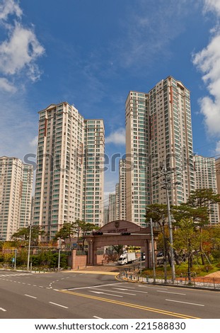BUSAN, SOUTH KOREA - SEPTEMBER 25, 2014:  Modern apartment complex Lotte Castle Kaiser in Busan, Republic of Korea. Erected by Lotte Engineering and Construction company, circa 2012