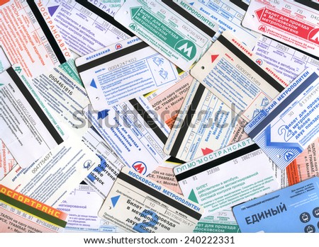 MOSCOW, RUSSIA - DECEMBER 28, 2014: Background of city public transport (subway, tramway, trolleybus, bus, monorail) tickets of different years of Moscow, Russia