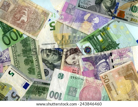 Czech banknotes (koruns), US dollars and European currency (Euro) background