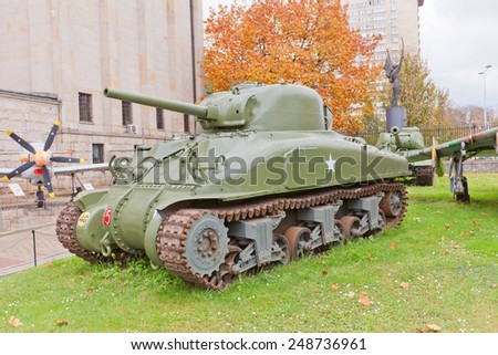 WARSAW, POLAND - OCTOBER 20, 2014:  Sherman Medium Tank M4A1 in Museum of Polish Army in Warsaw, Poland. Primary battle tank used by USA in World War II