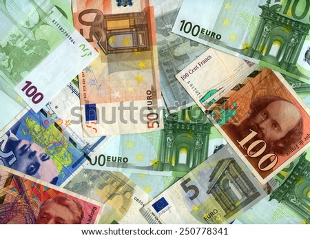 Former french banknotes (franc) and European currency (Euro) background