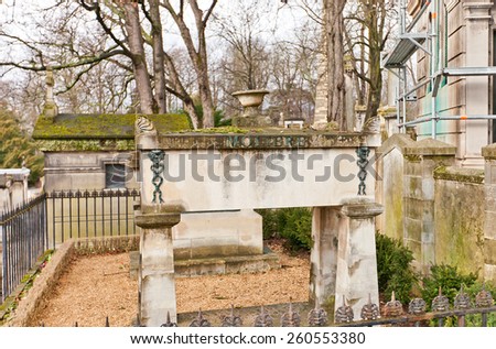 PARIS, FRANCE - FEBRUARY 21, 2015: Grave of Jean-Baptiste Poquelin (Moliere) on Pere Lachaise Cemetery in Paris. Moliere (1622-1673) was famous French playwright and actor, greatest master of comedy