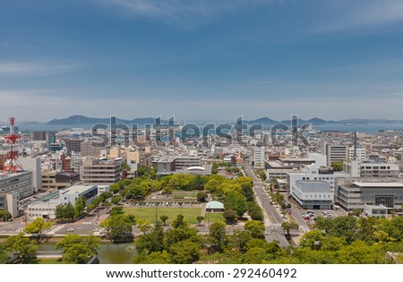 MARUGAME, JAPAN - MAY 22, 2015: View of Marugame town from Marugame castle, Shikoku Island, Japan. Marugame is famed for its hand fan (uchiwa) production