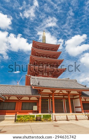 TOKYO, JAPAN - MAY 25, 2015: Five-story pagoda of Senso-ji Temple in Tokyo, Japan. The oldest temple in Tokyo, was founded in 645