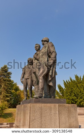 BRATISLAVA, SLOVAKIA - AUGUST 22, 2015: Left sculpture group of Slavin war memorial (circa 1960) for Soviet soldiers who fell in WWII. National Cultural Monument of Slovakia. Sculptor Tibor Bartfay