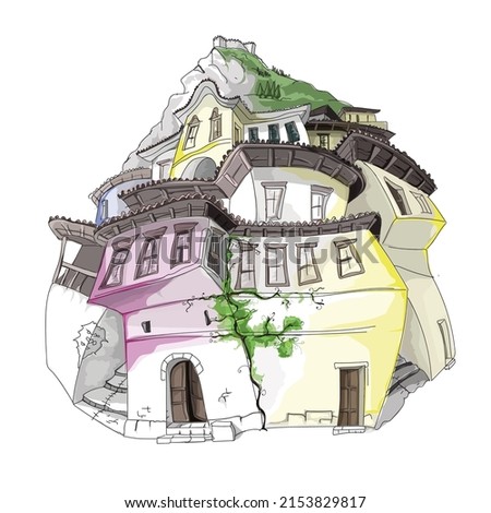 Albania, Berat city color drawing, old medieval house, vector