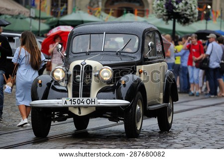 Lviv, Ukraine - June 2015: Auto festival Leopolis grand prix 2015. Old vintage retro car. Photos taken in rainy weather