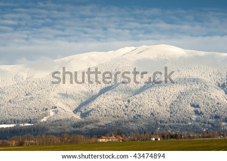 green field and white mountains with snow in the beginning of winter