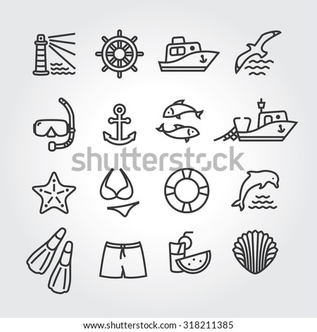 Marine icon, logo, logotype - dolphin, lighthouse, seagull, bird, boat, ship, fishing, 
fish, anchor, starfish, swimsuit, shorts, fins, steering wheel, lifebuoy, watermelon, cocktails, shell