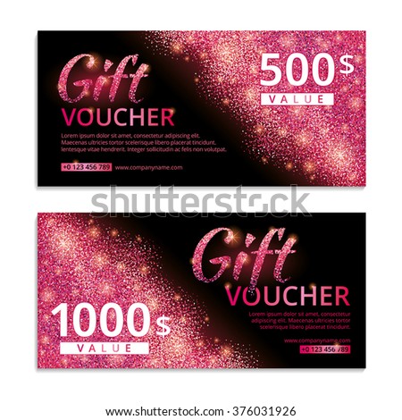 Pink voucher glitter background. Shiny gift certificate with text. Banners for logo web, card vip exclusive luxury privilege, sale, store, present, shopping. Red light bright sparkles.