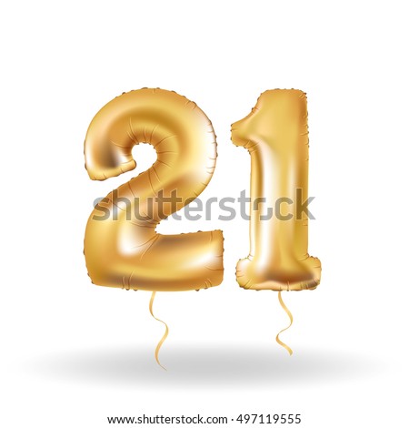 Golden number twenty one metallic balloon. Party decoration golden balloons. Anniversary sign for happy holiday, celebration, birthday, carnival, new year. Metallic design balloon.