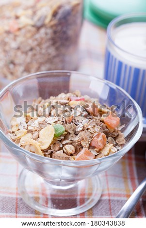 Muesli with boiled fermented milk breakfast served for one person