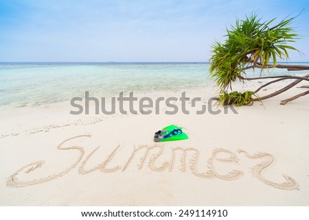inscription letters  of sea tropical  Maldives  romantic  atoll island paradise luxury  resort about coral reef amazing  fresh  freedom snorkel adventure