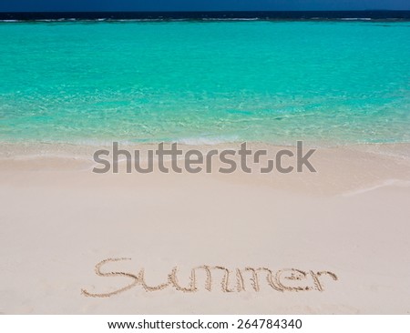 beautiful inscription letters text blue sun sea tropical nature background holiday luxury  resort island atoll about coral reef. Coconuts