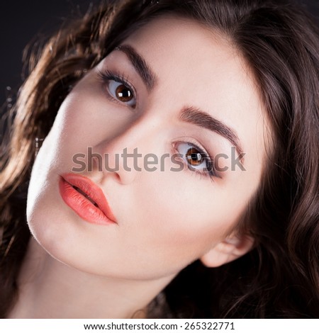 beautiful sensuality elegance lady woman serious face with brown eyes studio portrait professional light nature romantic wellness pure gloss hair brunette black background