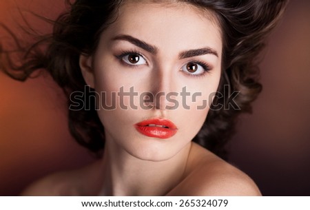 beautiful elegance lady woman serious face with brown eyes studio portrait professional light nature romantic wellness pure gloss hair brunette red background