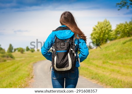 amazing beautiful elegance back haired hair woman blue jeans and jacket black backpack green landscape sport body way horizon portrait nature urban city