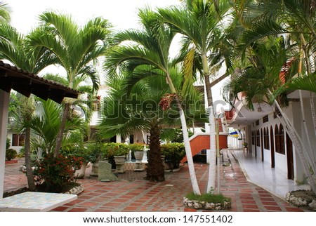 Garden view with trees,  patio  in summer resort (Tolu,Colombia)