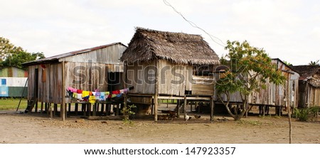 Peru, Peruvian Amazonas landscape. The photo present typical indian tribes settlement in Amazon