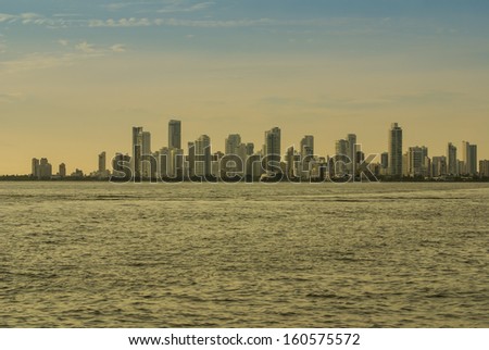 A view of apartment towers forming a white skyline in Cartagena de Indias, Colombia