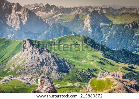 Sass Pordoi south face (2952 m) in Gruppo del Sella, Dolomites mountains in Alps