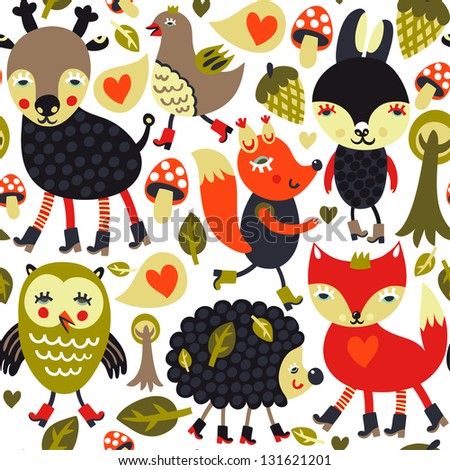 Colorful seamless pattern with woodland animals and birds