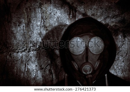 Portrait shot of a fictional character in a gas mask