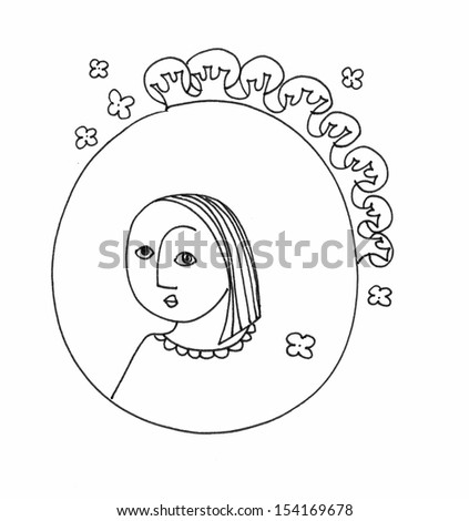 The sketch illustration of an alphabet letter with women's faces, trees and flowers