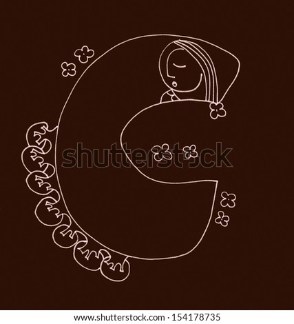A sketch illustration of an alphabet letter with woman faces, trees and flowers in the vintage style on the brown background