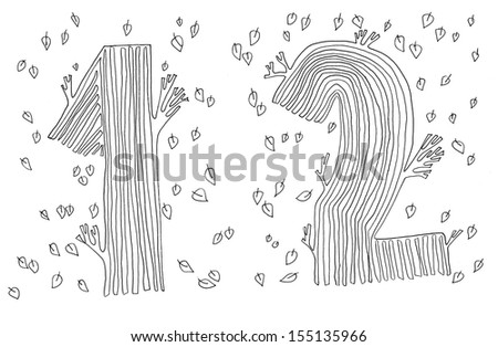 The sketched illustration of the number twelve on the white background