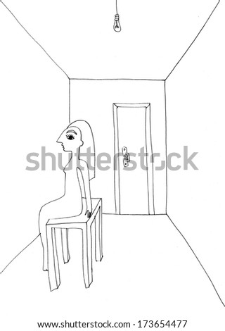 The sketched illustration of an empty room with a sitting lonely woman in it made with the ink pen