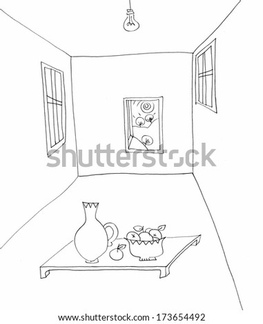 The sketched illustration of an empty room with a still life with fruits in it made with the ink pen