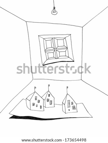 The sketched illustration of an empty room with a carpet with houses in it made with the ink pen