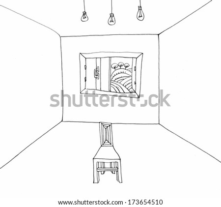 The sketched illustration of an empty room with an empty chair in it made with the ink pen