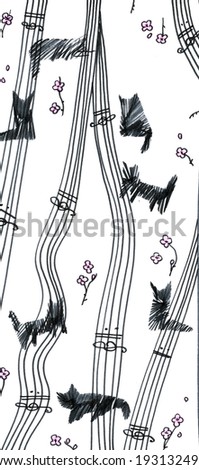 The sketched illustration of cats with the printed music hand drawn with the ink pen on the white paper