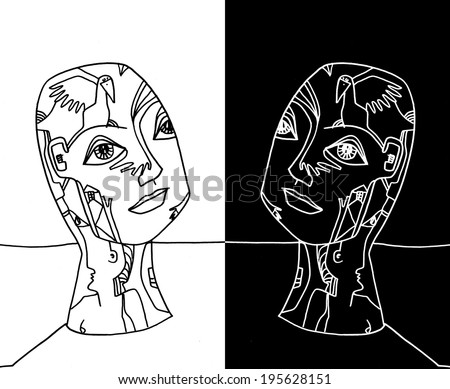 The sketched illustration of two opposite fantasy faces with tattoos hand drawn with the ink pen