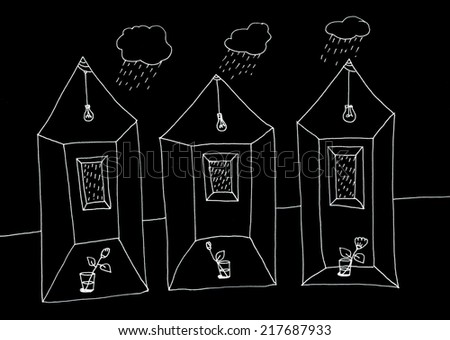 The sketched illustration of three fantasy houses with the flowers inside hand drawn with the ink pen on the black background