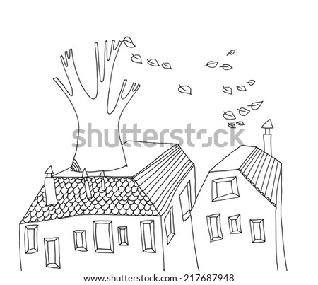 The sketched illustration of two houses with a tree on them and fall hand drawn with the ink pen
