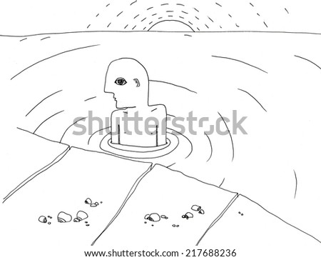 The sketched illustration of a man in water near planked foot way hand drawn with the ink pen