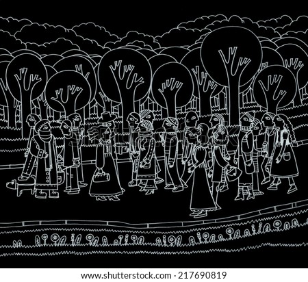 The sketched illustration of a crowd of people walking in the park on the blackboard