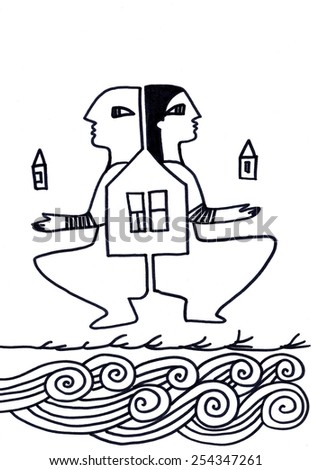 The sketched illustration of the couple made like a puzzle with the waves and houses hand drawn with the ink pen