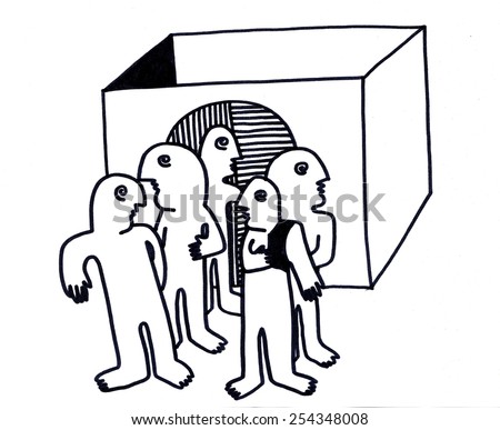 The sketched illustration of the group of people standing near the box hand drawn with the ink pen