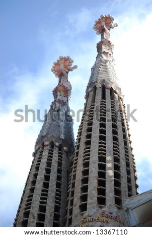 Great work of Antonio Gaudi, Sagrada Familia, towers close-up