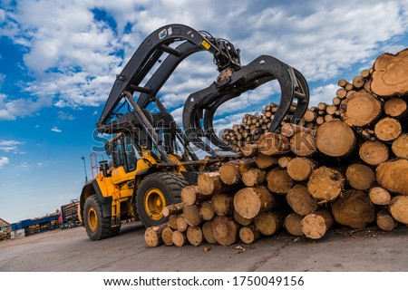 Loading equipment for logging. Log loader for timber, logs. Log loader moves stack of pine logs. Lumber industry. Woodworking factory. Firewood cut tree trunk logs stacked prepared. Stockfoto © 