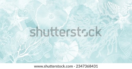 Art sea background vector. Luxury design with underwater plants, shells, starfish, corals, sea creatures and  watercolor splash. Template design for text, packaging and prints.
