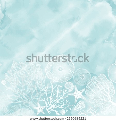 Marine background.  Vector template with hand-drawn sea creatures, shells,corals on blue watercolor background. Illustration with space for text, can be used creating card or invitation card.