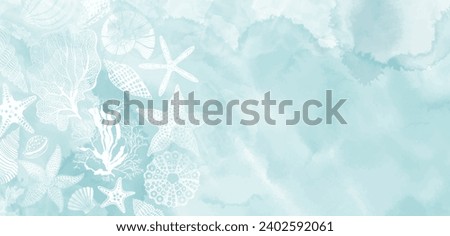 Luxury vector design. Underwater plants, shells, starfish, corals, sea creatures on a blue watercolor background. Template design for text, packaging and prints. Art sea background. 