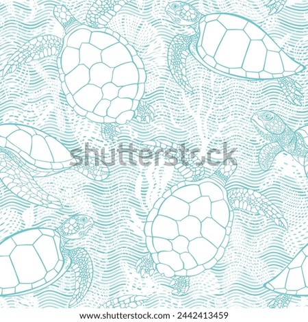 Turtles and sea creatures on waves background.   Art sea seamless pattern.  Perfect for wallpaper, wrapping, fabric, print and textile. Hand drawn vector illustration.