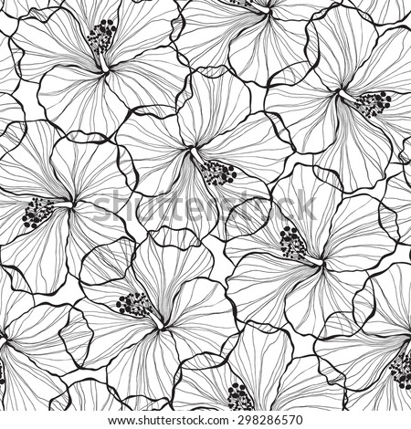Black and white  seamless pattern with hibiscus flowers.
